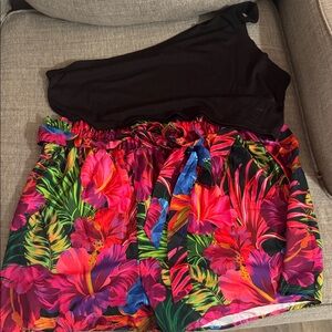 SHEIN Black One-Shoulder Top with Vibrant Floral Shorts